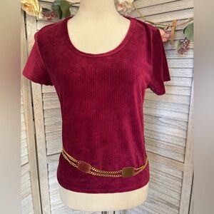 CRAVE FAME Women’s SZ LG Burgundy/Maroon Short Sleeve Velvet Ribbed Textured Top